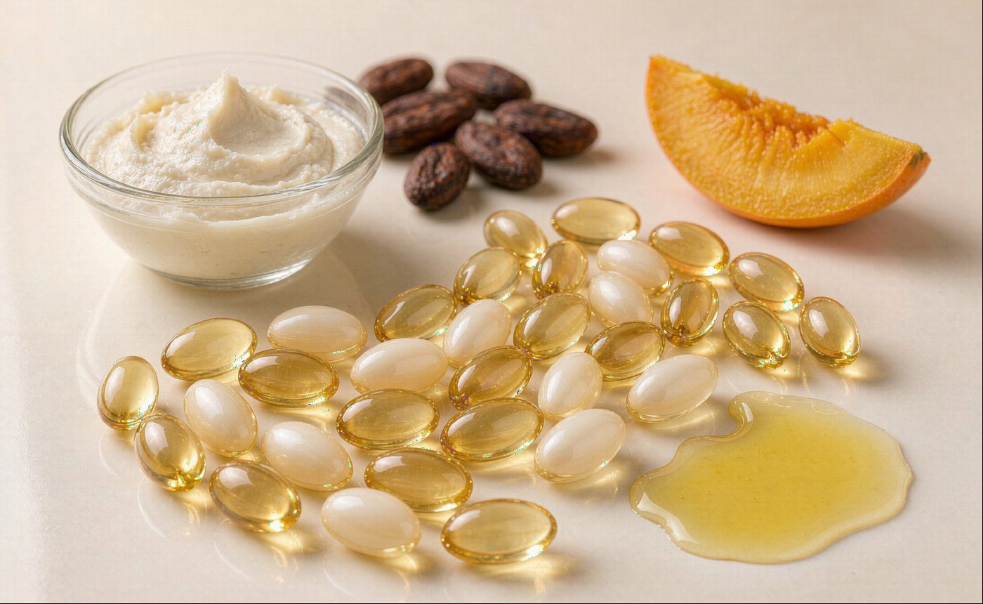 Shea, Cocoa, Mango Butter in Capsules: Solid Oils for Body Care, Hair Care Lines
