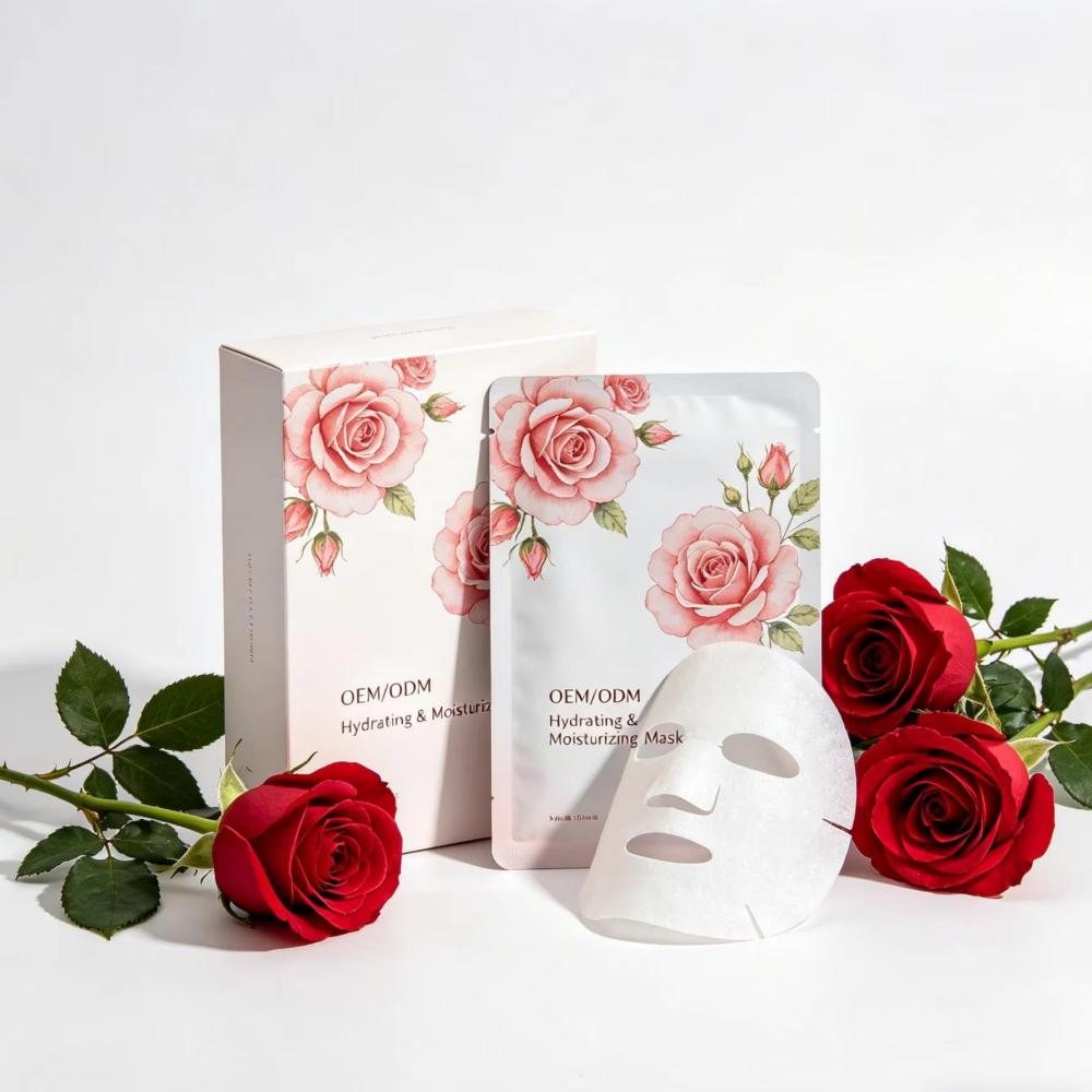 Custom Rose Essential Oil + Hyaluronic Acid Face Mask — Moisturizing, Hydrating & Anti-Wrinkle Sheet Mask OEM